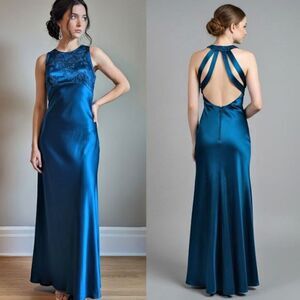 Vintage Y2K Zum Zum Blue Silky Evening Gown Maxi Prom Dress Sequins Size 4